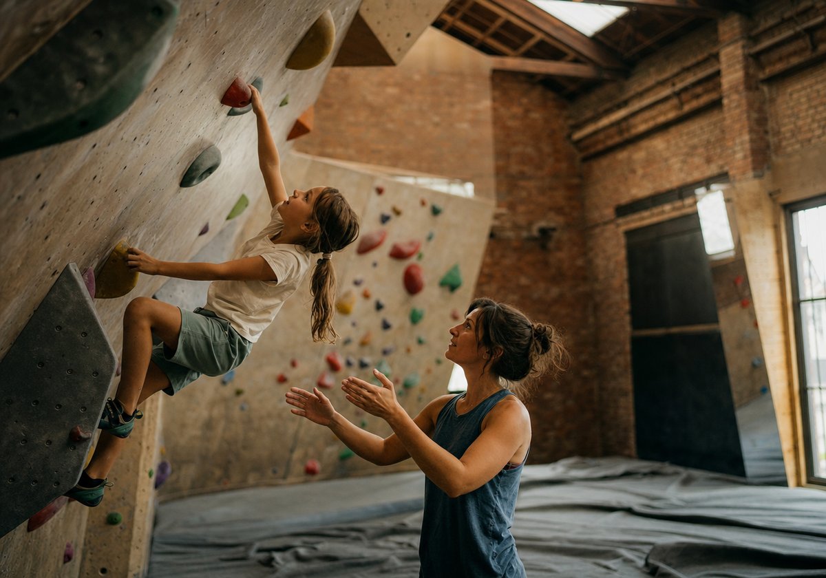 Mädchen klettert an einer niedrigen Boulderwand, eine Frau spottet mit erhobenen Händen (mit AI erstelltes Bild)