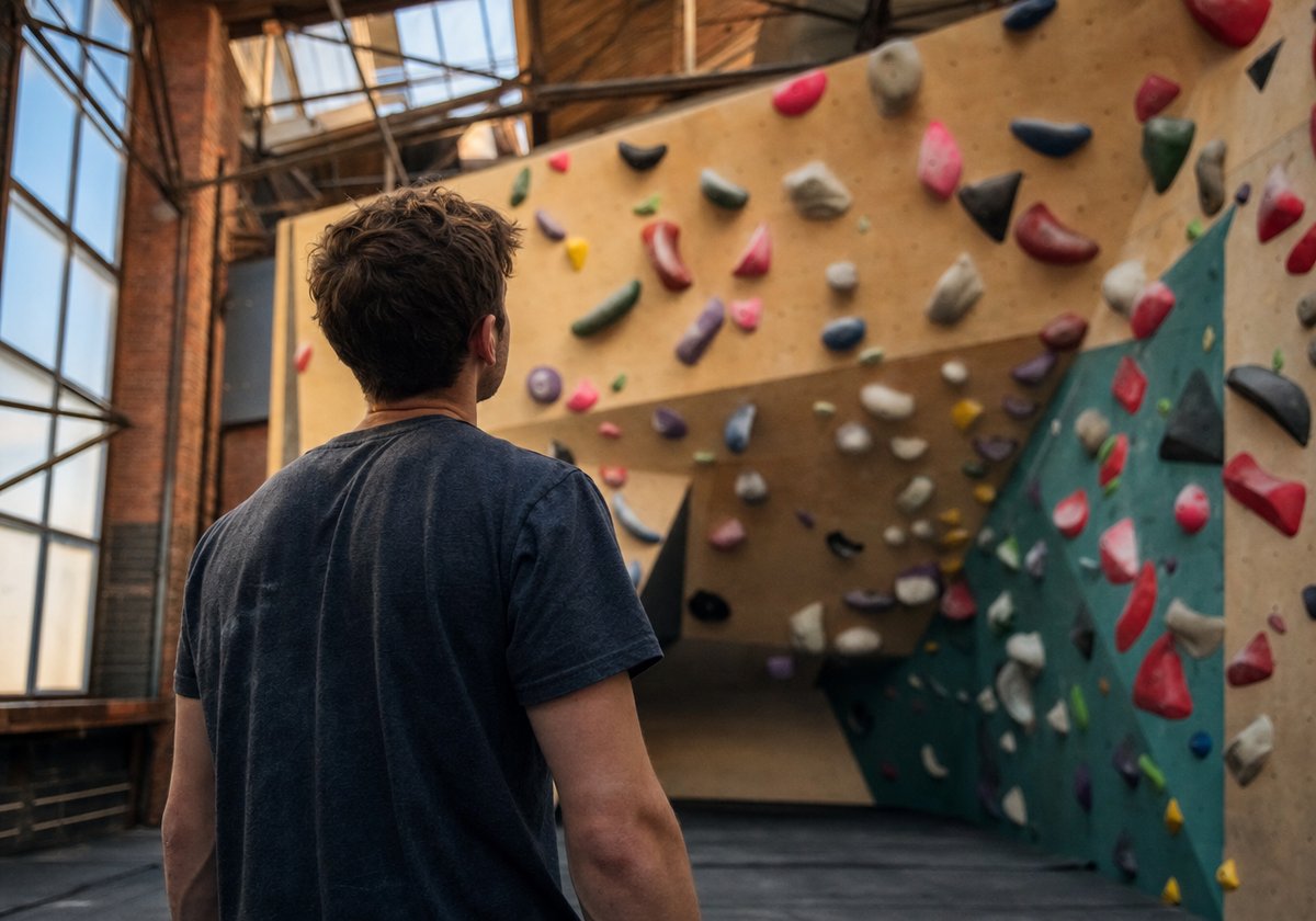 Mann steht vor einer Boulderwand und liest von unten die Route (mit AI erstelltes Bild)