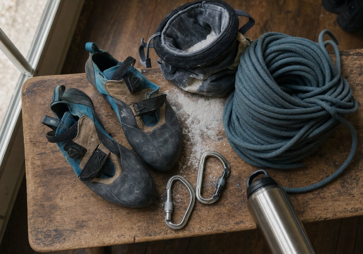 Kletterschuhe, offener Chalkbag, aufgeschossenes Seil und zwei Karabiner auf einer Holzbank (mit AI erstelltes Bild)