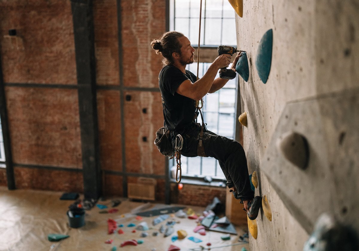 Routenschrauber am Seil hoch an einer Hallenwand, Bohrmaschine in der Hand, beim Setzen eines neuen Griffs (mit AI erstelltes Bild)