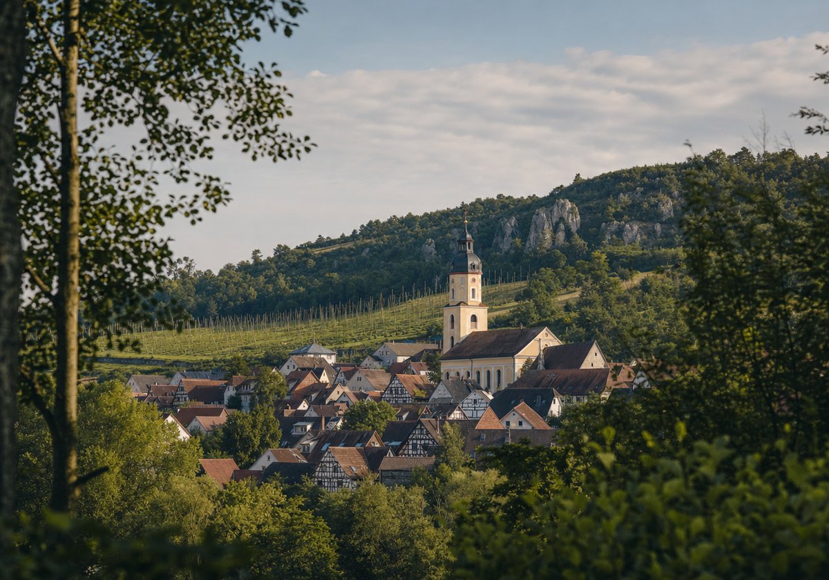 Blick von einem bewaldeten Hang auf einen fränkischen Ort mit Kirchturm, darüber Hopfengärten und helle Kalkfelsen (mit AI erstelltes Bild)