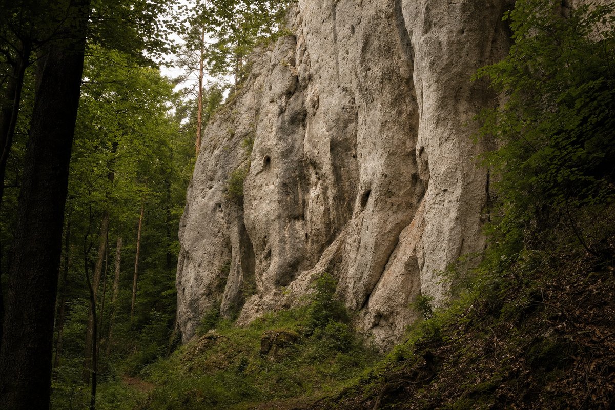 Heller Kalkfelsen mit charakteristischen Löchern über dichtem Buchenwald in einem engen Tal (mit AI erstelltes Bild)