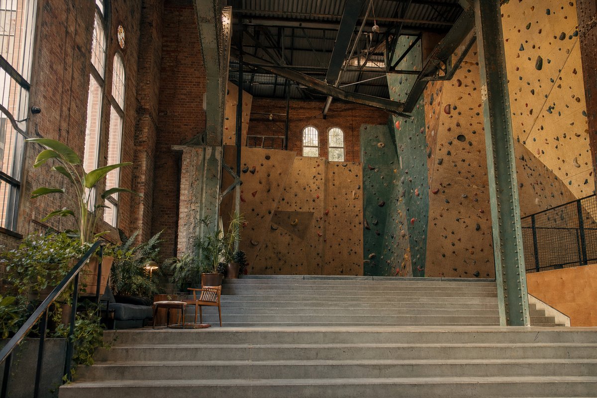 Innenansicht einer zur Kletterhalle umgebauten Backstein-Industriehalle: hohe Kletterwände, nietenbesetzte Stahlträger und eine breite Treppe (mit AI erstelltes Bild)