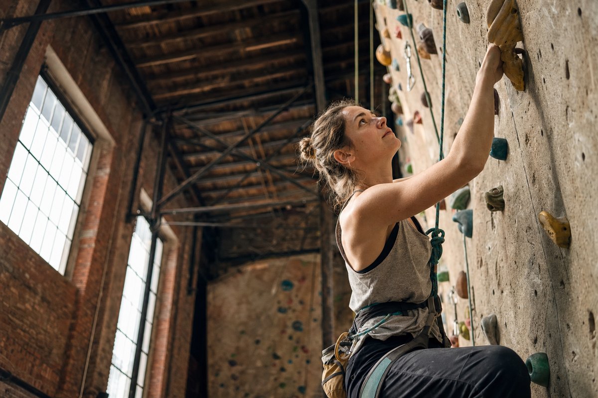 Kletterin an einer hohen Hallenwand, den Blick nach oben gerichtet (mit AI erstelltes Bild)