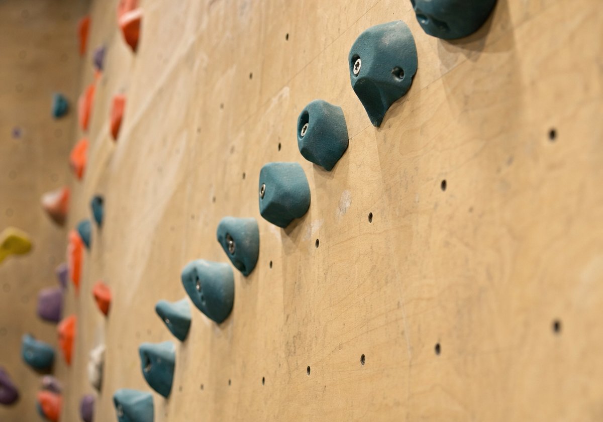 Hallenwand von der Seite: eine Reihe gleichfarbiger Kunstharzgriffe zieht diagonal über die Platte (mit AI erstelltes Bild)
