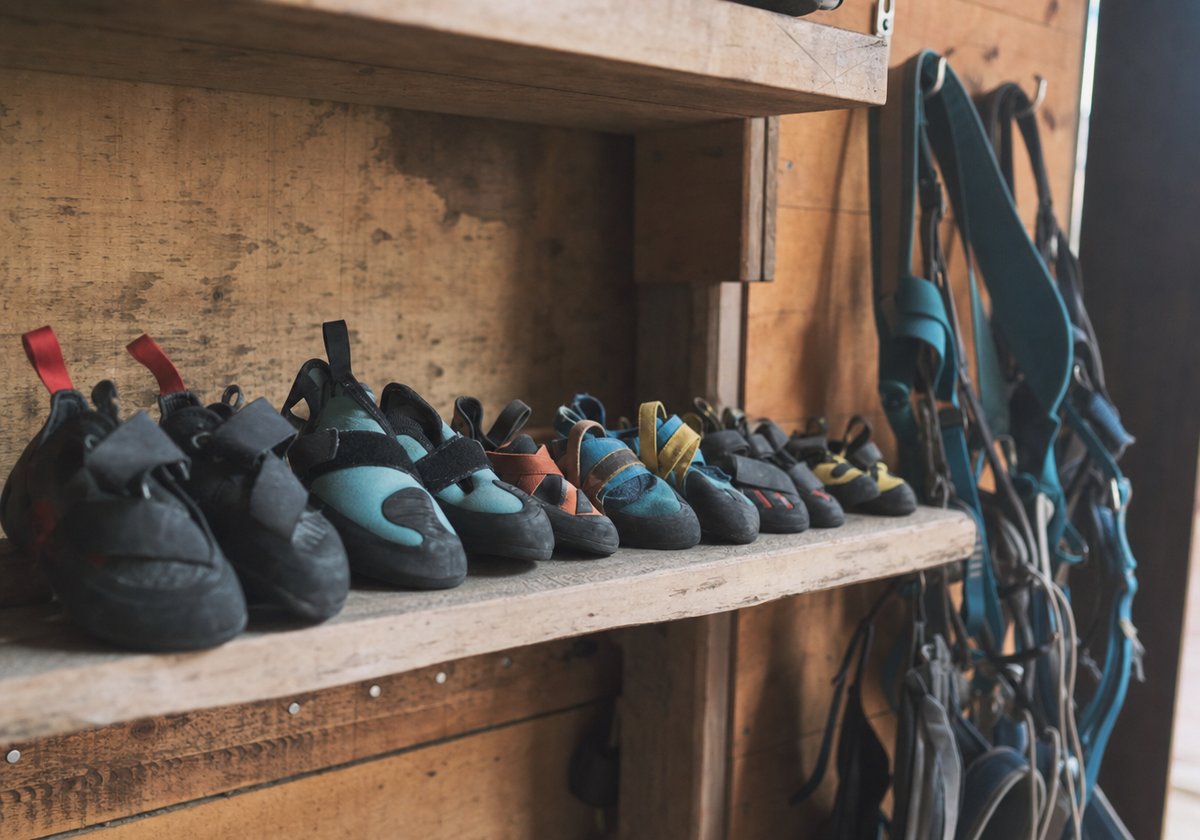 Reihe gebrauchter Leih-Kletterschuhe in verschiedenen Größen auf einem Holzregal, daneben hängende Gurte (mit AI erstelltes Bild)