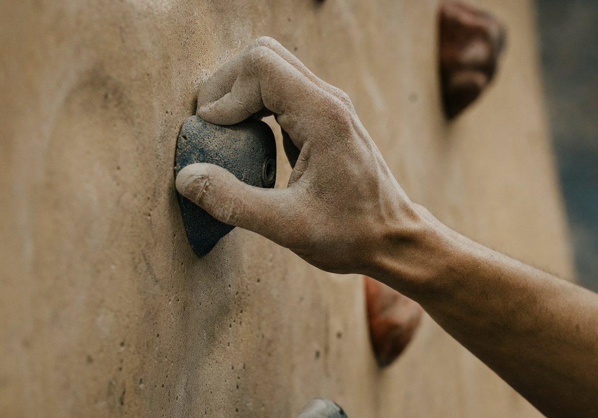 Nahaufnahme einer mit Magnesia bestäubten Hand, die einen kleinen strukturierten Kunstharzgriff hält (mit AI erstelltes Bild)